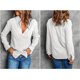 thumbnail image 4 of Blusa de mujer, camisa de manga larga, top informal con cuello en V y mangas enrollables, blusa con botones, talla 2XL, 4 of 5