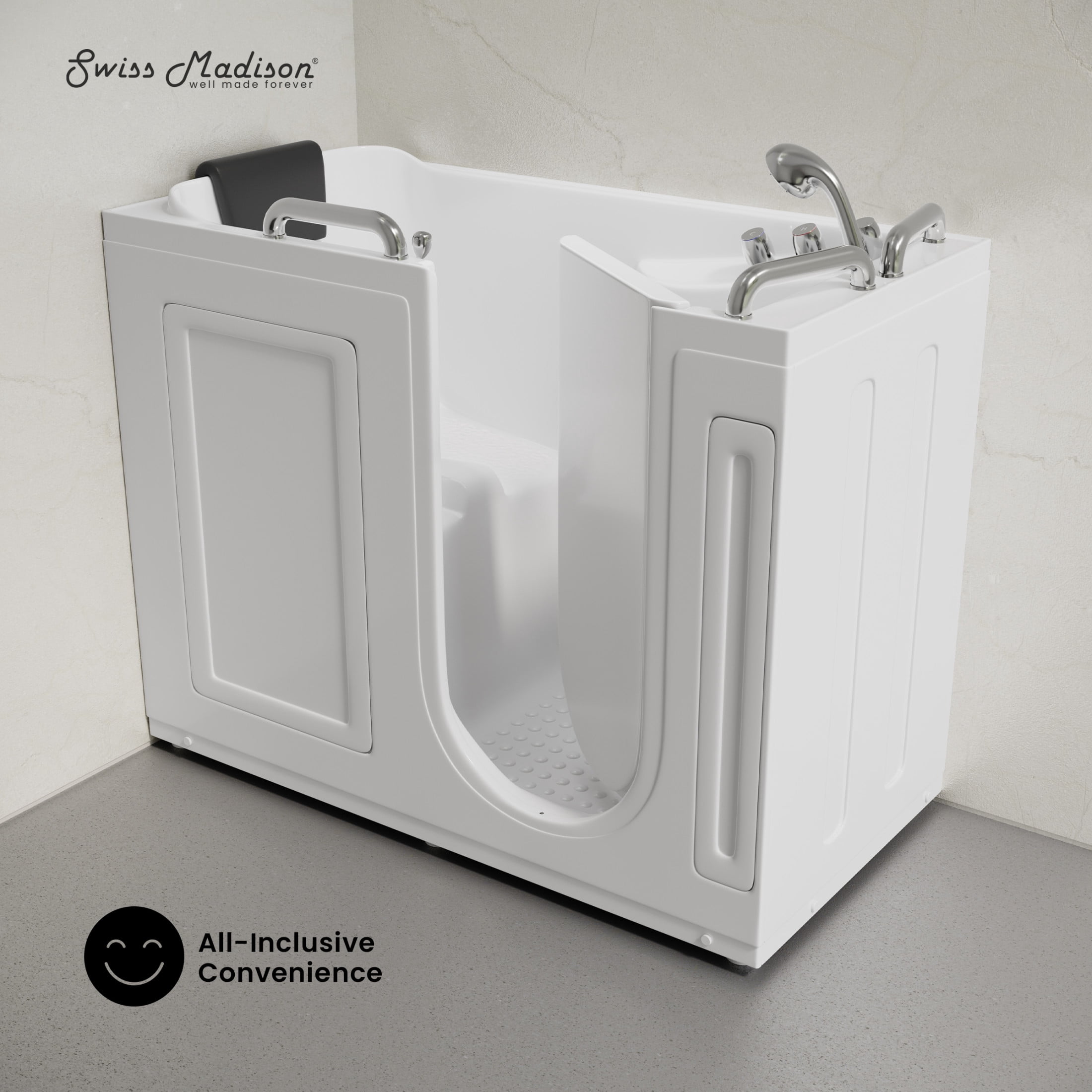 Auvergne 53" x 27" ADA Right Drain Walk-in Soaking Bathtub in Glossy White, Faucet Set, Drain, Grab Bars, Pillow Included