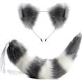 thumbnail image 1 of Juego de orejas y cola de mapache, lobo y gato, cola peluda de animal, diademas con orejas, disfraz de Halloween y Navidad (blanco + gris), 1 of 5