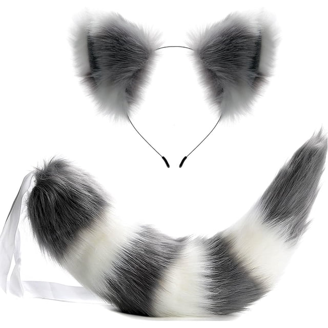 Juego de orejas y cola de mapache, lobo y gato, cola peluda de animal, diademas con orejas, disfraz de Halloween y Navidad (blanco + gris)