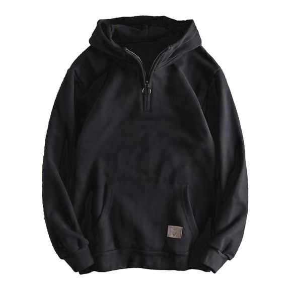 comerut Men Autumn Winter Hoodie Zipper Decor Hooded Thickened Long Sleeve Loose Pullover Elastic Cuff Warm Big Pocket Mid Length Streetwear Simple Style Men Hoodie