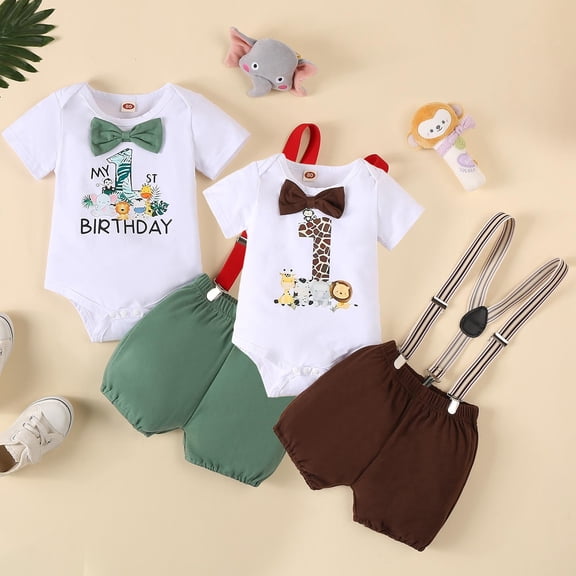 Toddler Boy Outfits Baby Boys First Birthday Animal World Overalls and Short Sleeve Set Boys' Clothing Sets Army Green 12-18 Months