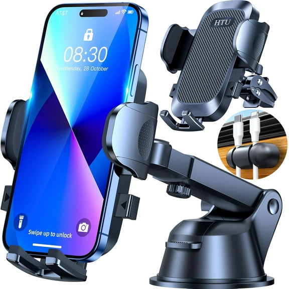 [True Military-Grade] Car Phone Holder【2024 Stronger Suction & Clip】 Universal Cell Phone Holder for Car Mount for Dashboard Windshield Air Vent Long Arm Cell Phone Car Mount Thick Case,Black