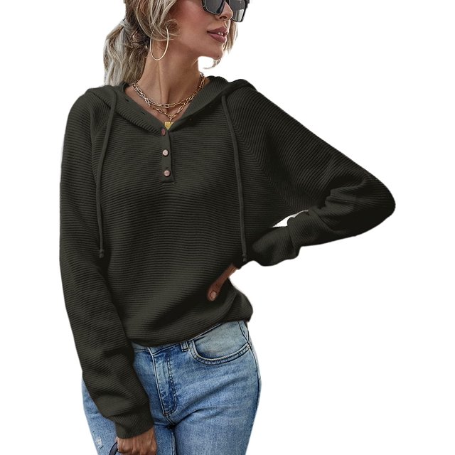 Pull à Capuche pour Femmes, Décontracté, Boutonné, Col en V, Manches Longues, Tricoté, Henley