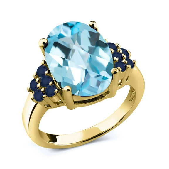 Gem Stone King 7.64 Ct Oval Checkerboard Sky Blue Topaz Blue Sapphire 18K Yellow Gold Plated Silver Ring (Size 5)