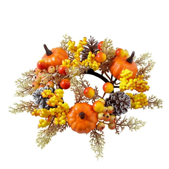 JWshufel Halloween Candle Ring Garland with Garland Pumpkins Berry for Thanksgiving Table Centerpiece Kitchen Cabinet Decor Long Lasting Reusable Decorative Wreath for Indoor Spaces 7.9in Yellow