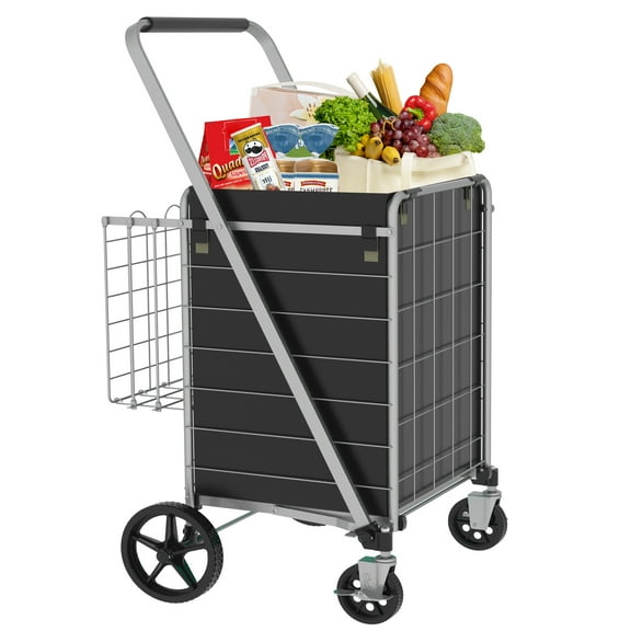 Yoneston Heavy Duty Shopping Cart with Wheels & Side Basket, 340 LBS Capacity Folding Grocery Cart, Utility Cart for Laundry, Groceries, Travel, Grey