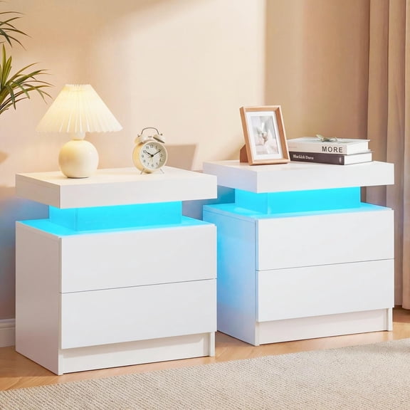 MOONMISS Nightstands Set of 2 Modern LED Bedside Table Cabinet with Lights 2 Drawers for Bedroom,White