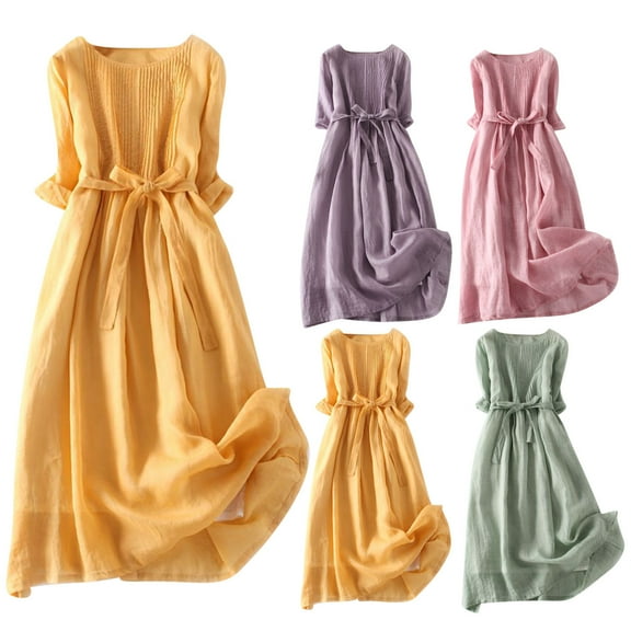 Meichang Womens Cotton Linen Dress Summer Fall 3/4 Sleeve Pleated Front Retro Midi Dresses Casual Solid Crewneck Beach Sundresses with Tie Waisted