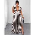 thumbnail image 4 of Plus Size Womens Brown And White Striped Deep V-Neck Cap Sleeve Maxi Dress With Waist Tie, 4 of 7