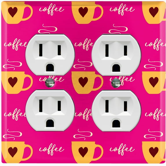 Metal Light Switch Wall Plate Outlet Cover (Coffee Espresso Mocha Cup Heart Pattern Pink - Double Duplex)