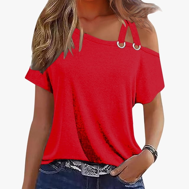 UPPADA T-Shirts d'Été Tendance pour Femmes à Col Rond, Épaules Dégagées, Hauts de Couleur Unie, Mode Décontractée, Coupe Ajustée, Hauts d'Entraînement, Rouge, P
