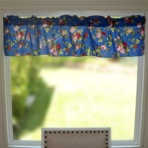 Cotton Window Valance Floral Print 58 Inch Wide Vintage Floral Large Roses Royal Blue