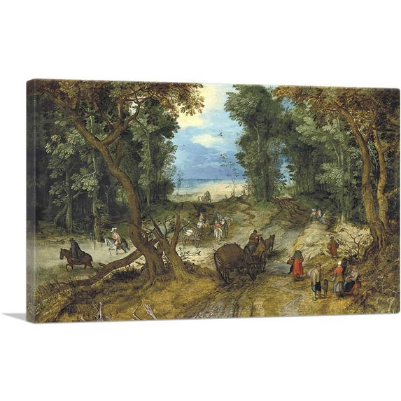 ARTCANVAS A Wooded Landscape With Travelers On a Path 1607 Canvas Art Print by Jan Brueghel The Elder - Size: 18" x 12" (1.50" Deep)