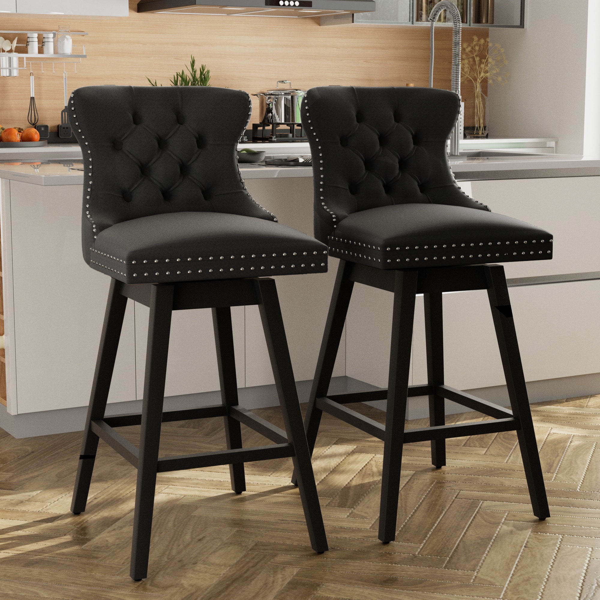 TEWLOSS 30" Swivel Bar Height Bar Stools with Back Set of 2, Black Velvet Kitchen Stools