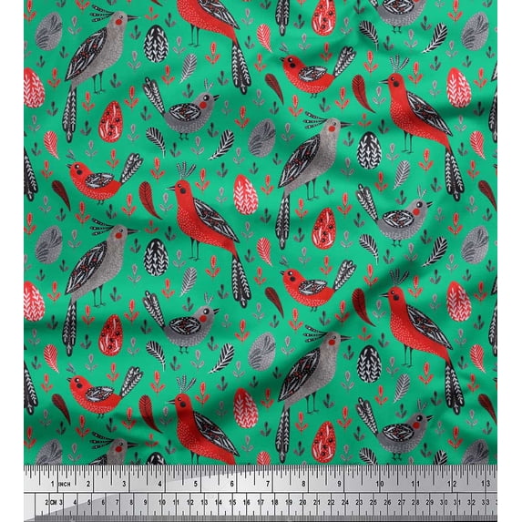 Soimoi Green Cotton Voile Fabric Leaves & Birds Folk Art Print Fabric by Yard 42 Inch Wide