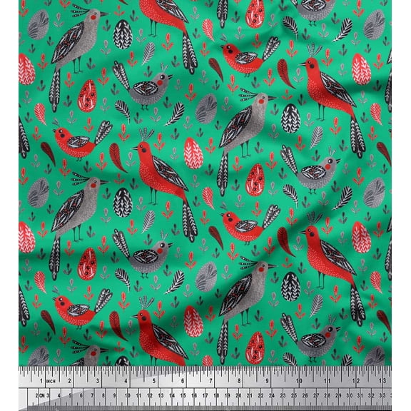 Soimoi Green Cotton Voile Fabric Leaves & Birds Folk Art Print Fabric by Yard 42 Inch Wide