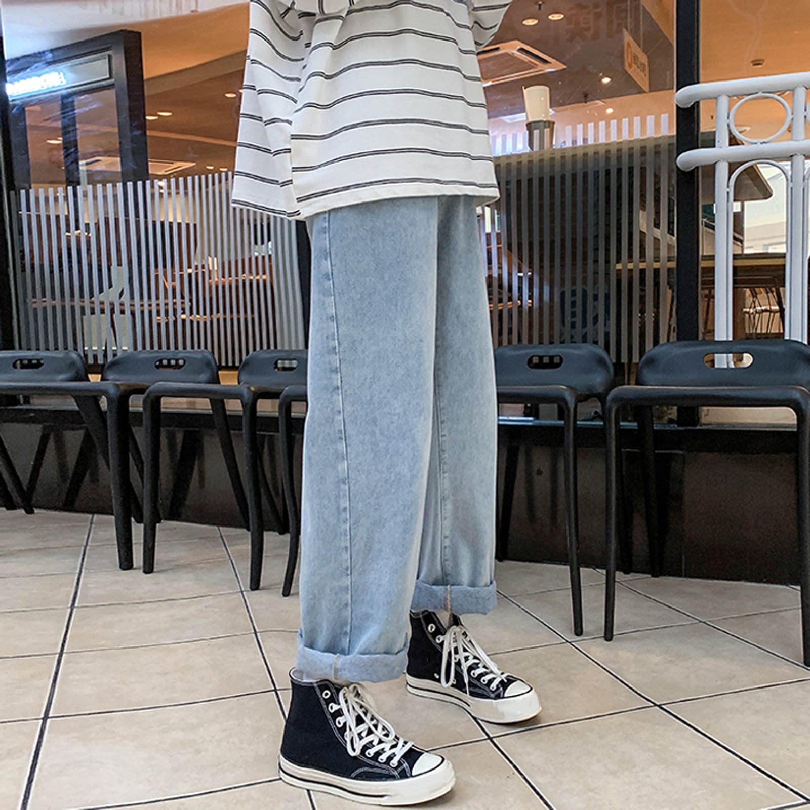 Spring Blue Full-Length Oversized Loose Fit Wide Leg Cargo Pants Men  Fashion Casual Plus Size Elastic Waist Jeans Street Trousers