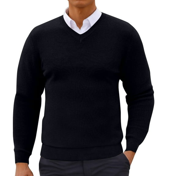 Men's Knitted Pullover Tops Solid Color Sweater V Neck Long Sleeve Sweater Fall Winter Base Layer Shirts Navy S