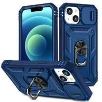 Military Grade Drop Impact for iPhone 15 Plus Camera Lens Slide Protection Case 360 Metal Rotating Ring Kickstand Holder Armor Shockproof Case For iPhone 15 Plus, Blue