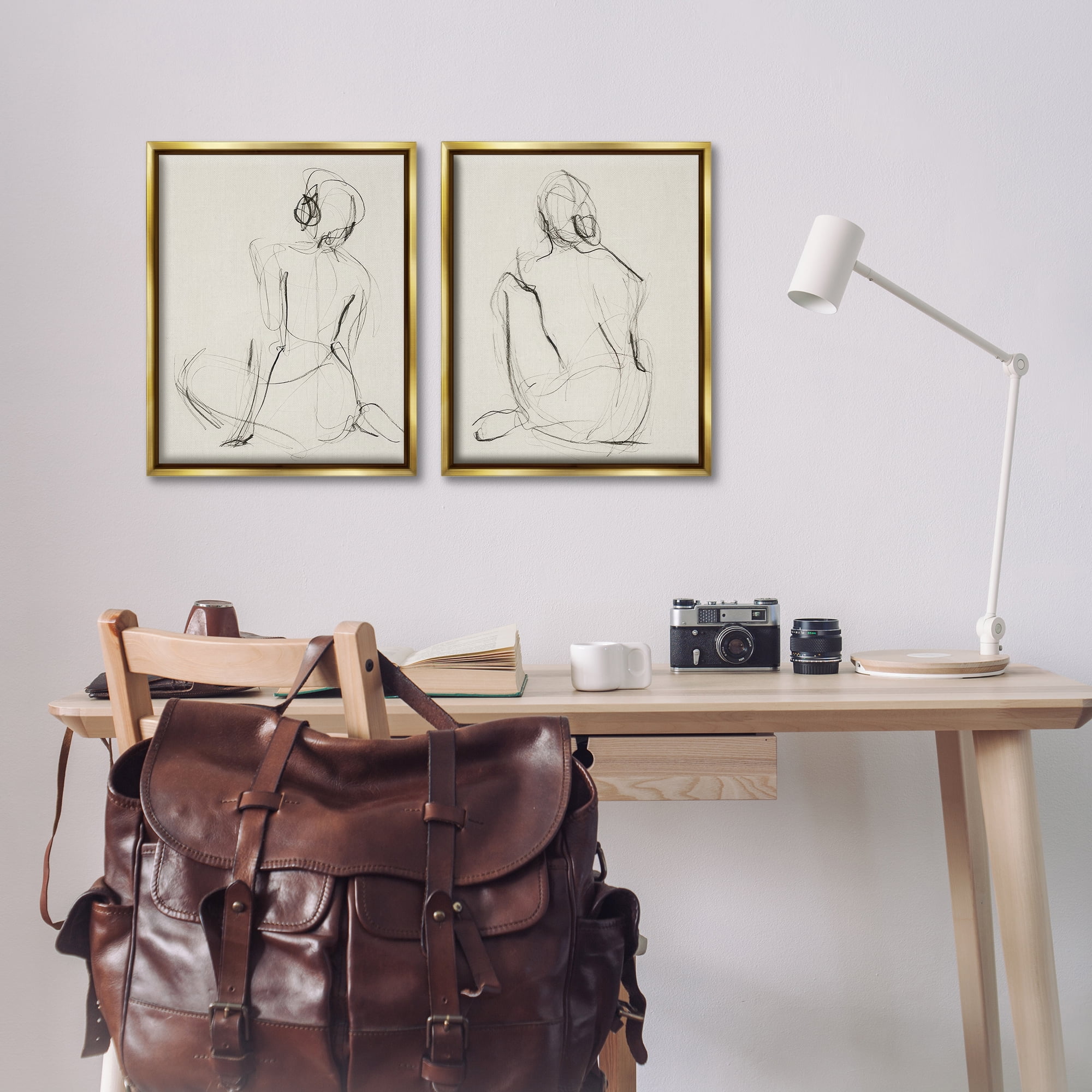 Stupell Industries Sitting Female Figure Drawing People Drawing Gold Floater Framed Canvas Art Print Wall Art, 17 x 21, Set of 2