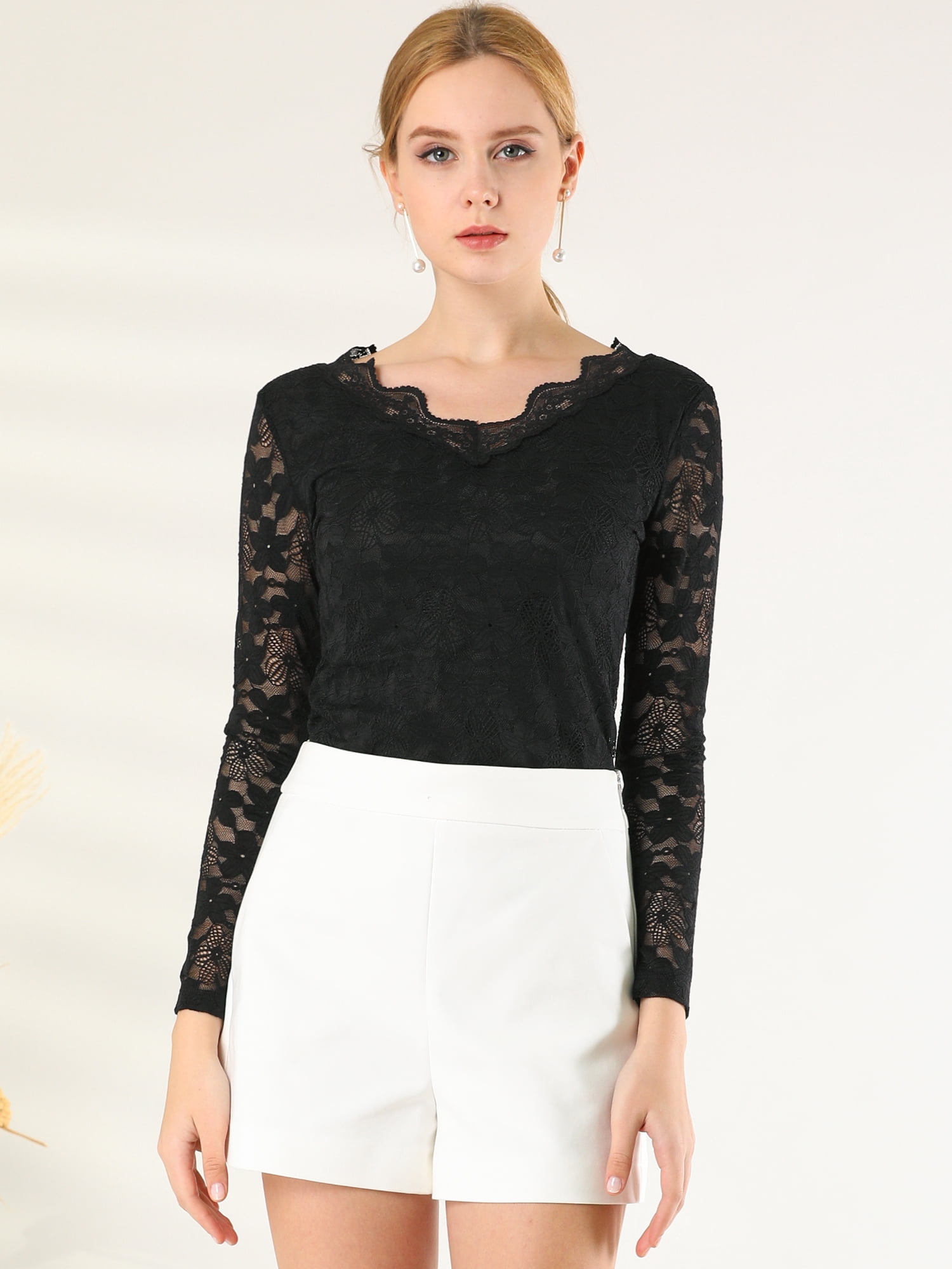 DARING DIVA Floral Lace Shirt Lace Scalloped Trim Blouse XL Black