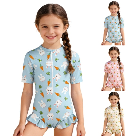 DHFJKG Girls One Piece Swimsuit Stretchy Swimwear For Toddler Kids Cute Bunny Printed Short Sleeve Half Zip Bathing Suit 0-8Y Trendy Beachwear