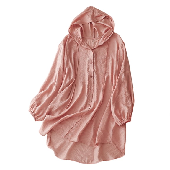 Sewkxo Cotton Linen Hoodie Women Sun Protection Clothing Lightweight Long Sleeve Button Down Shirts Beach Coverups,Pink M