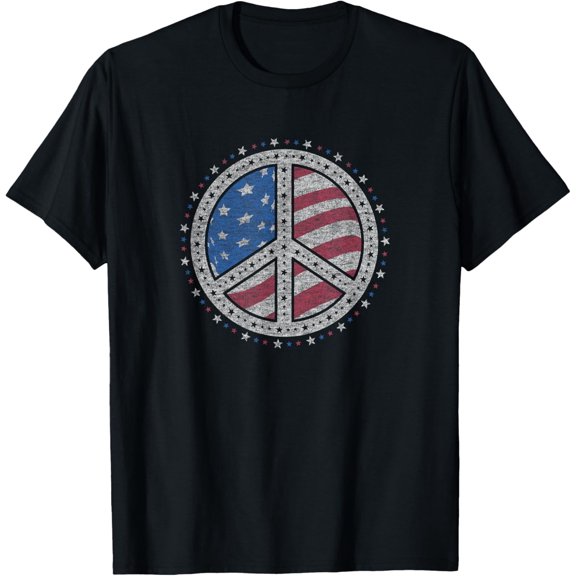 Americana Peace Sign Stars American Flag T-Shirt men and women can wear, black, white, gifts