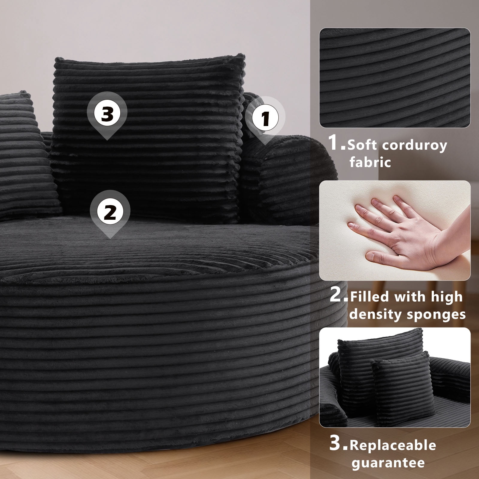 Miniyam 55.5" W Round Oversized Chaise Lounge Indoor with Memory Foam Sofa for Living Room, Cloud Couch with 3 Pillows, Black