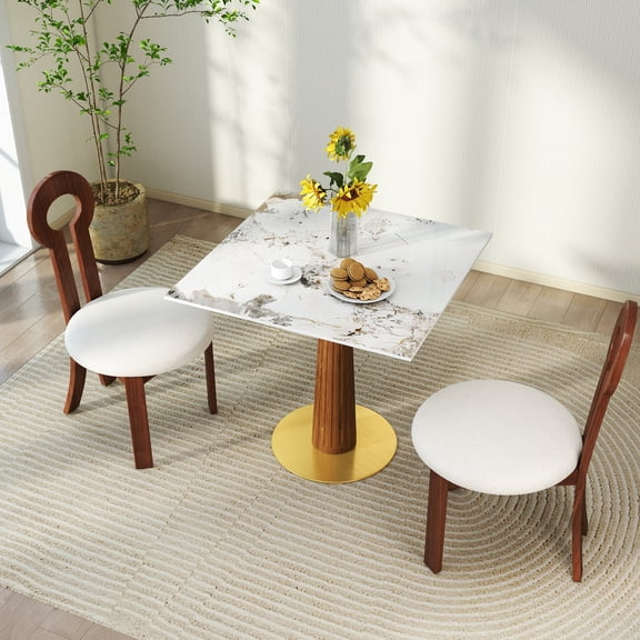 33.5" Modern Round Sintered Stone Dining Table, Wooden Leg & Gold Base, 2-Person Capacity (150lbs), for Small Kitchen Space (Table Only)
