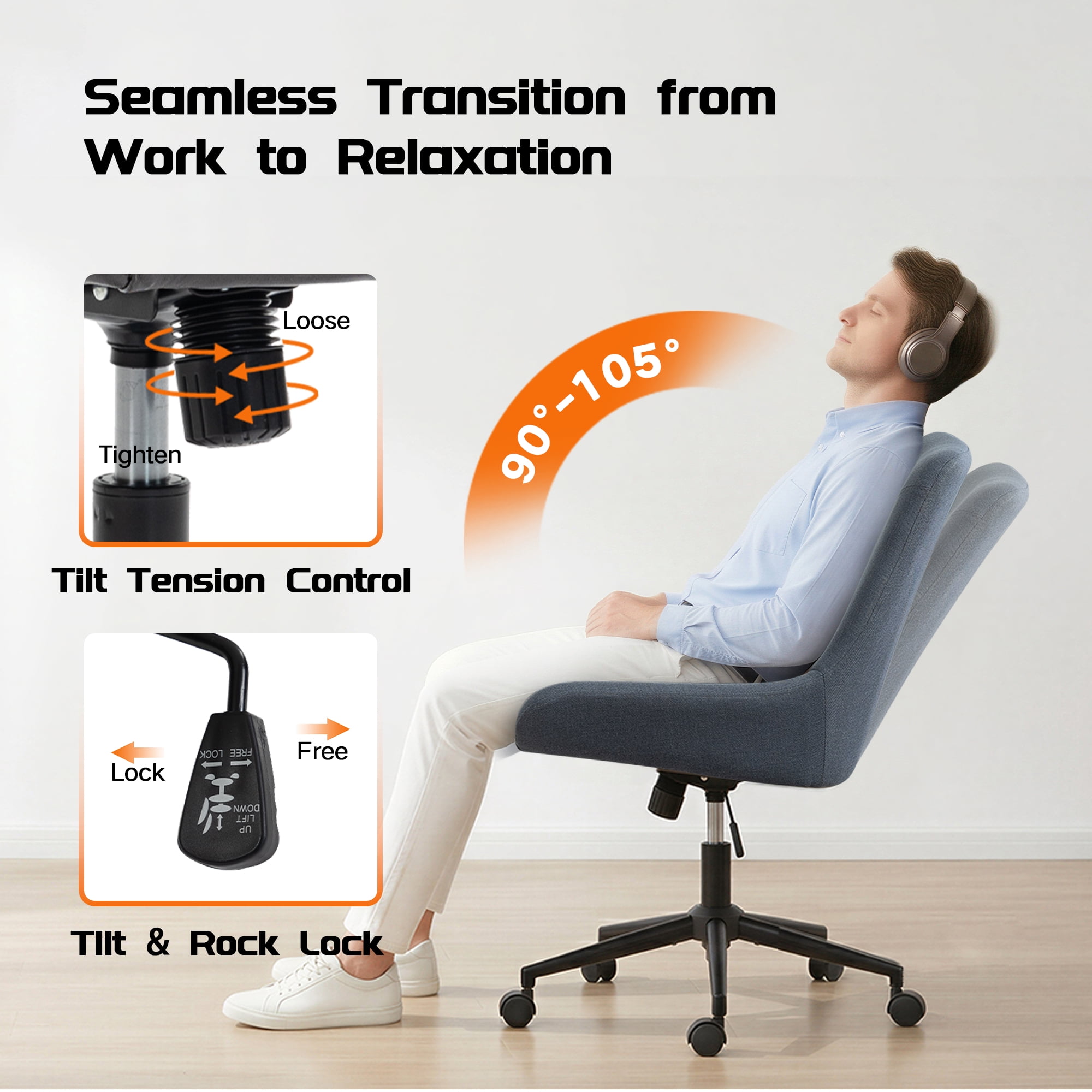 Linen Fabric Home Office Task Chair, Armless Vanity Chair With Wheels, Swivel Adjustable Seat Height Desk Chair with Rocking Function for Bedroom, Living Room or Study Dark Gray