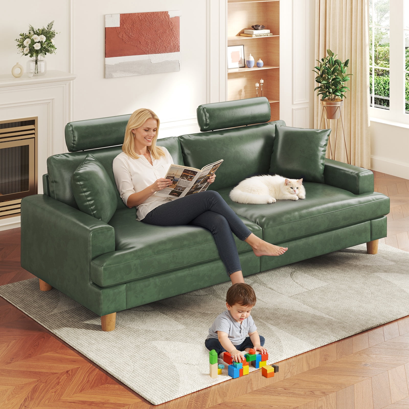 87" Couch Premium PU Leather Sofa with Headrest, Comfy 27" Extra Deep Seat 3 Seater Couch for Living Room, Includes 2 Pillows, Green