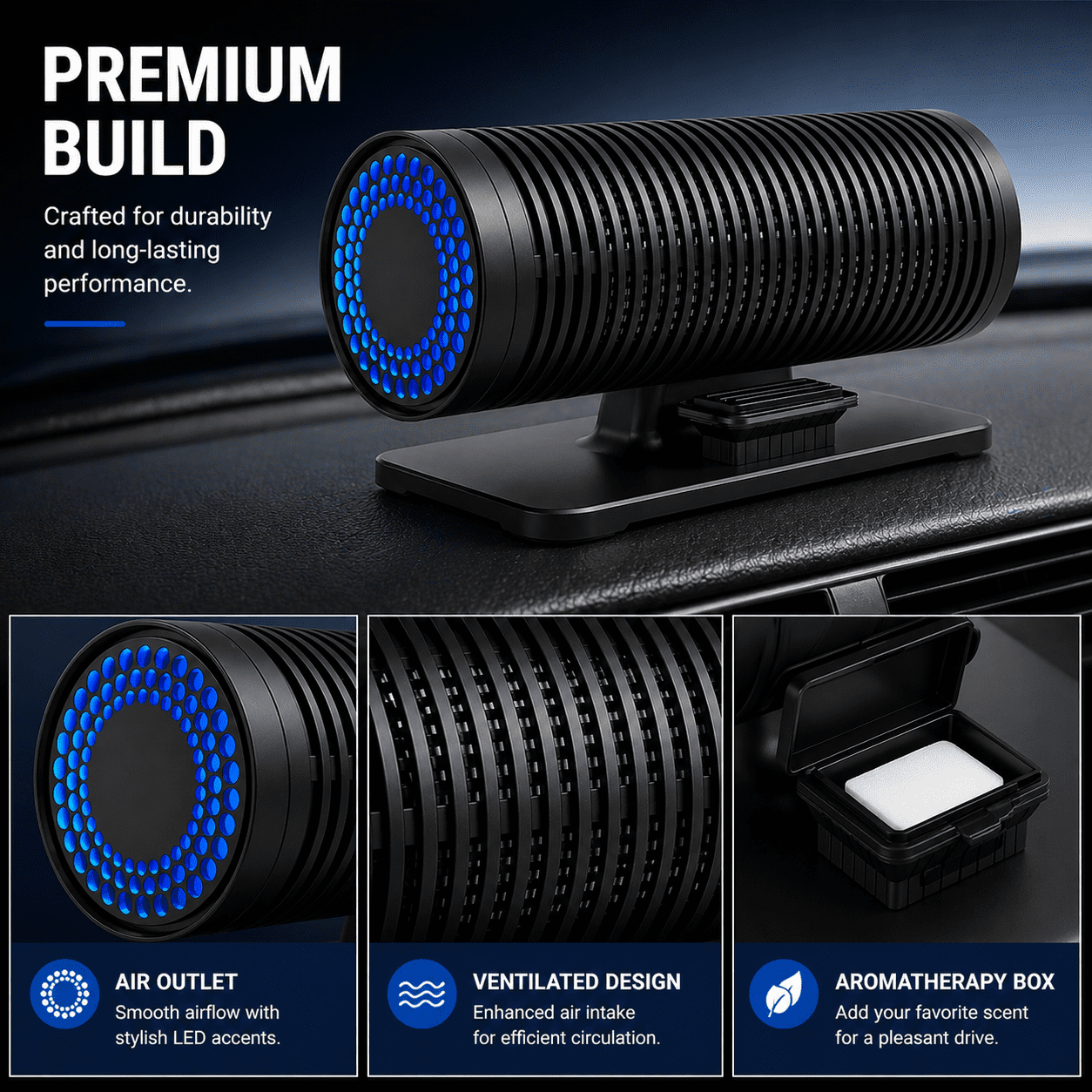 Car Air Purifier with HEPA Filter, Dual Fan Portable Air Cleaner for Smoke, Pet Odors and Dust, Ultra-Quiet Ionizer for Vehicle and Small Room, Aromatherapy Diffuser