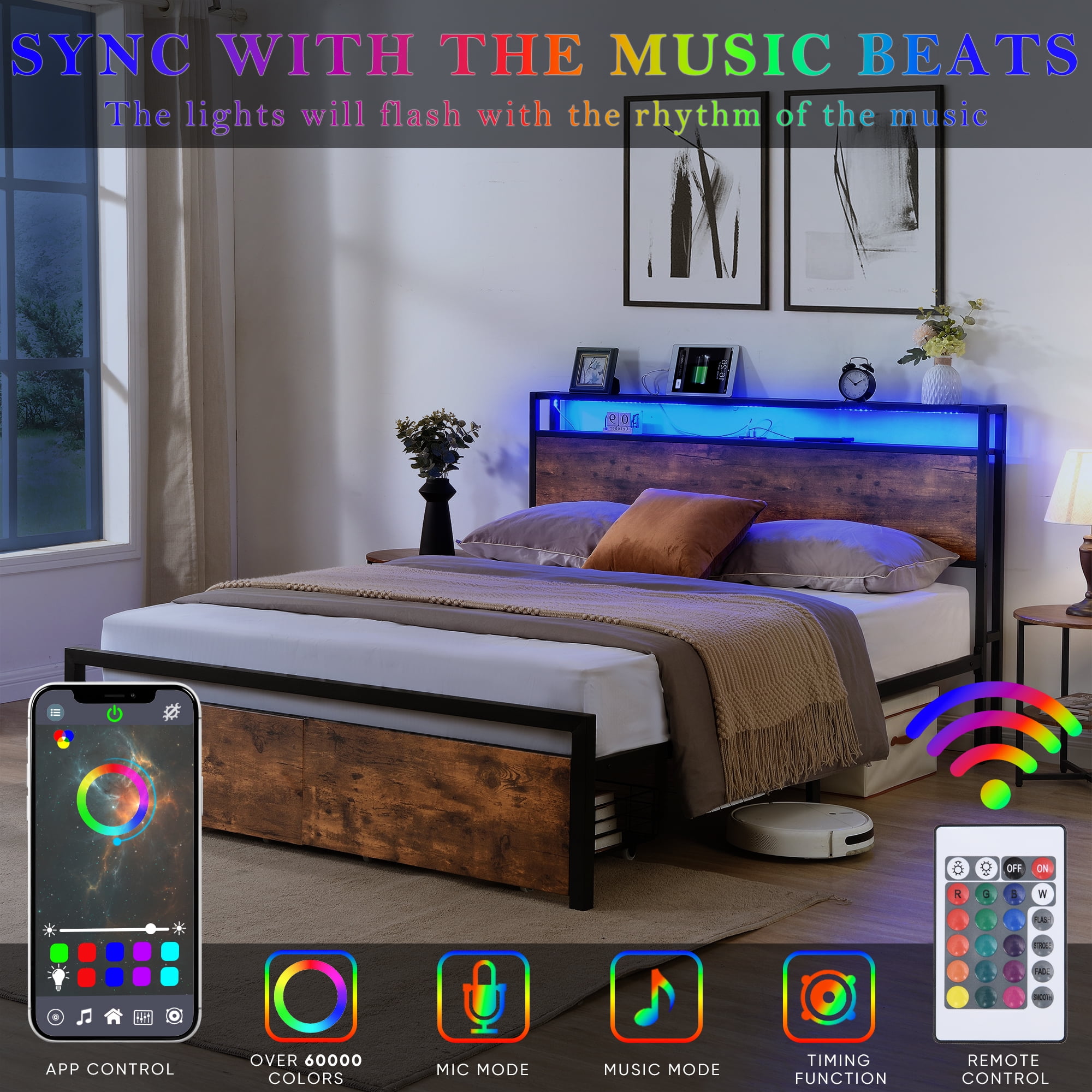 Miniyam Queen Size Bed Frame with RGB LED Lights, Charging Station, 2 Drawers and Storage Headboard
