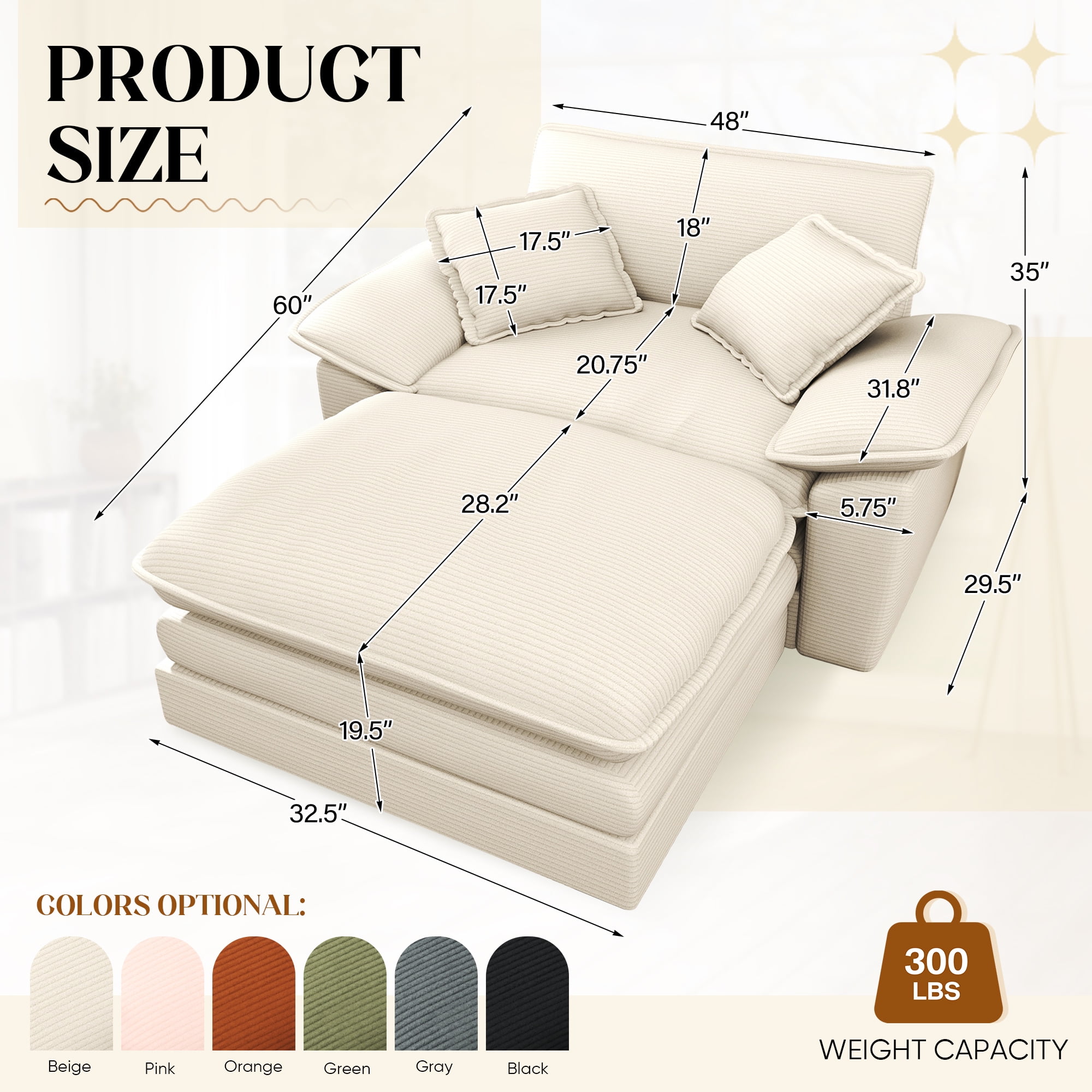 Lunale Oversized Lounge Chair & Ottoman Set - 48" Cloud Corduroy Accent Armchair for Modern Living/Bedroom, Black Corduroy