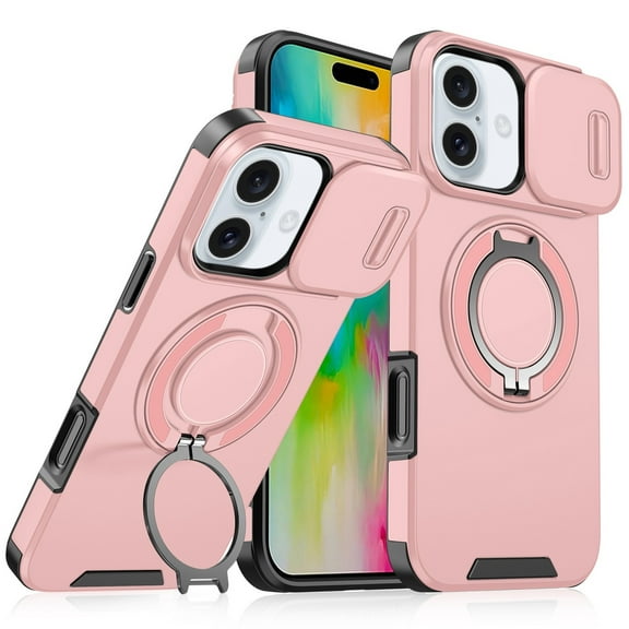 Dual Layer MagSafe Case with Rotating Stand and Privacy Camera Cover for iPhone 16 - Pink