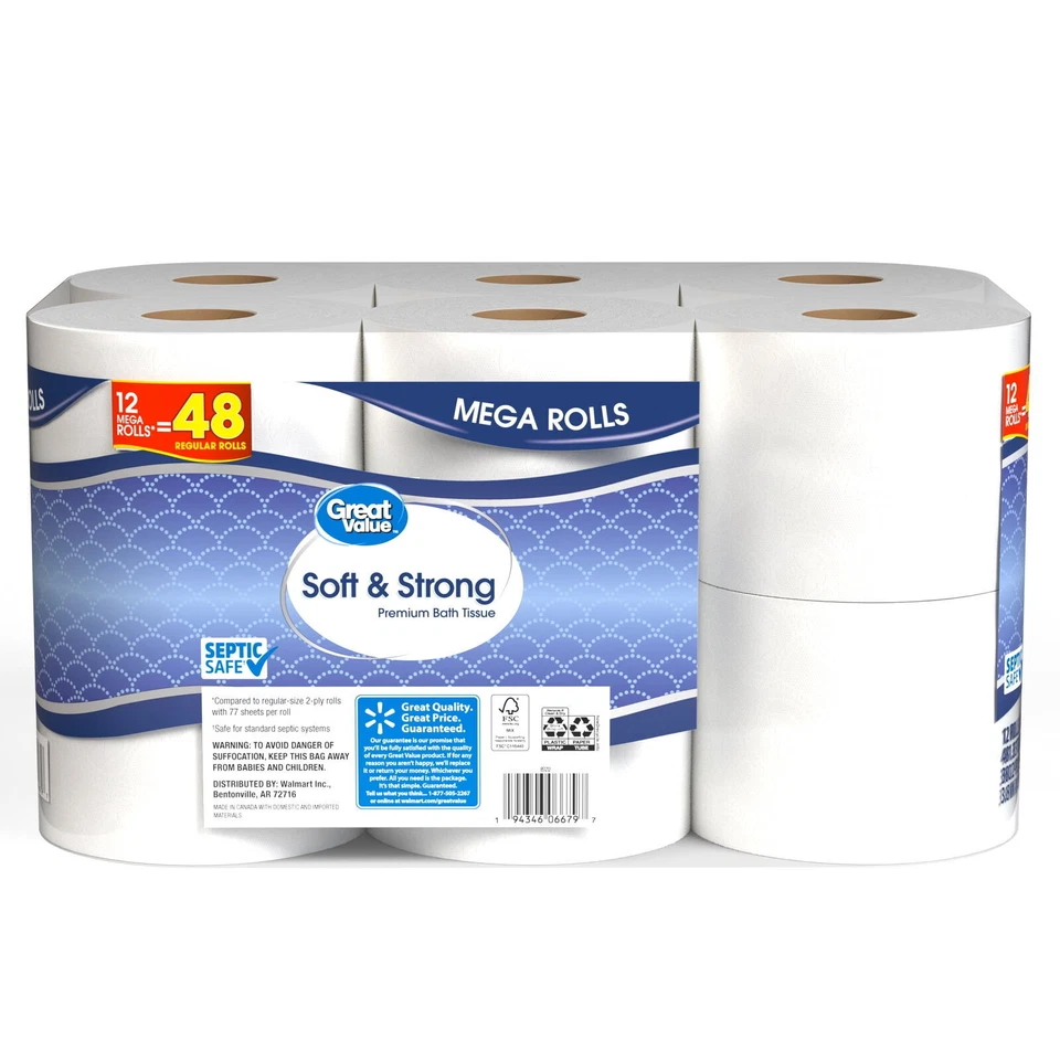 Soft & Strong Premium Toilet Paper 12 Mega Rolls 380 2-Ply Sheet Per Roll Us