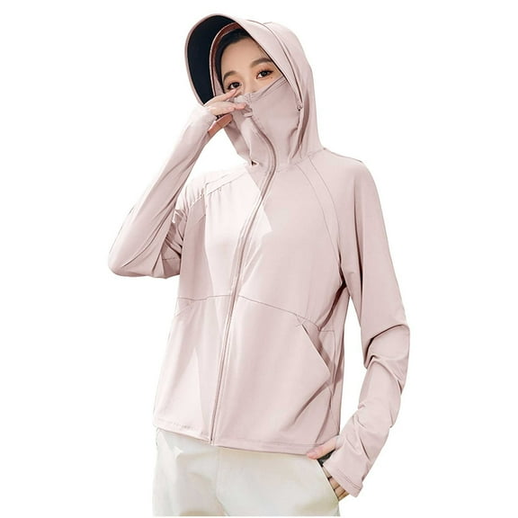 Htigea UPF 50 Fishing Hoodie Shirt for Women Cooling Summer Full Zip Hooded Tops with with Face Mask Thumb Holes Pocket Pink M