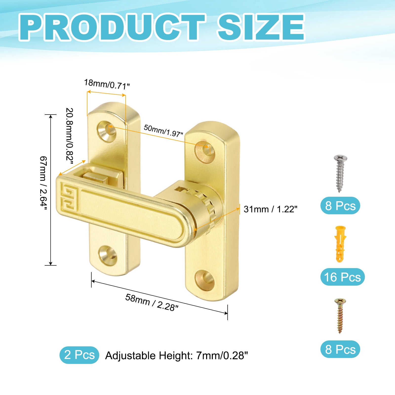Uxcell 2PcsBarn Door Lock, Zinc Alloy 90/180 Degree Flip Gate Latches, Adjustable Security Sliding Door Latch Lock Hardware with Screws for Cabinet, Bathroom, Window, Garden, Gold