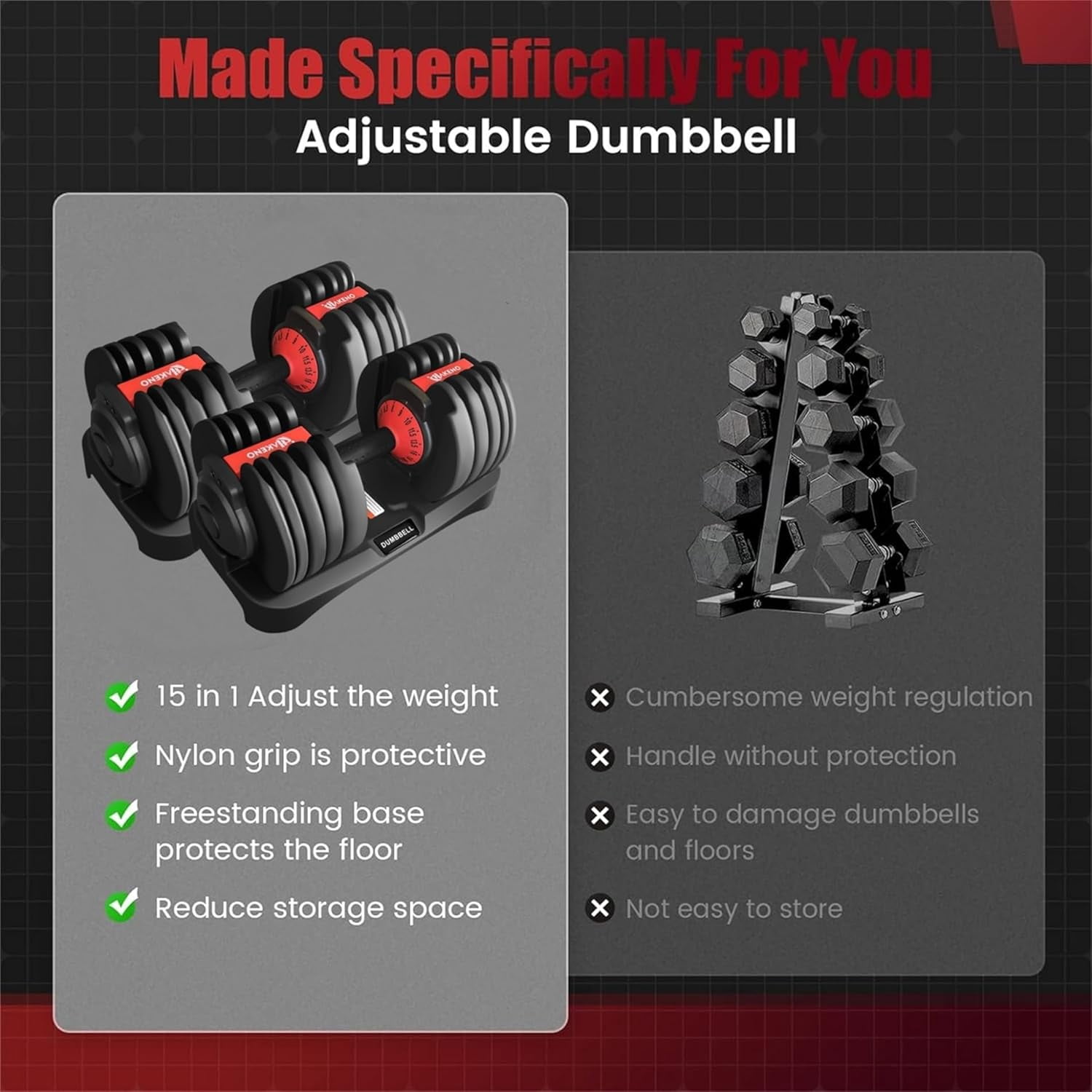 15 Weight in 1 Adjustable Dumbbell 53LB with Fast Automatic Adjustable and Weight Plate for Body Workout Home Gym （24kg/53lb）2pcs