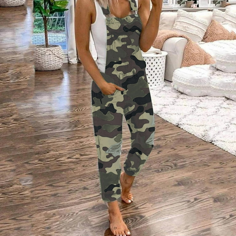 HIMIWAY Jumpsuits for Women Women s Fashion Personalized Street Denim Ripped Pocket Double Strap Jumpsuit Camouflage XXXXXL Walmart