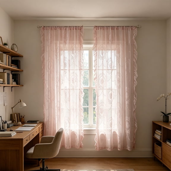 French Lace Curtain Sheer Rod Pocket Window Panel 55x63 Inch, Floral Embroidery Semi-Sheer for Living Room Bedroom