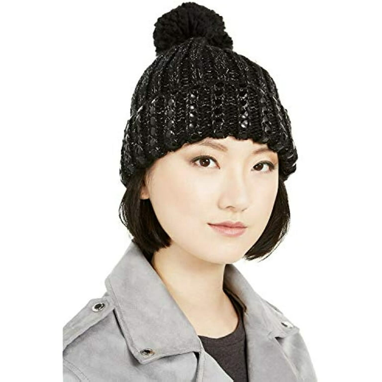 DKNY Women's Black Silver Flat-Stud Metallic Rib-Knit Chunky Hat, One Size
