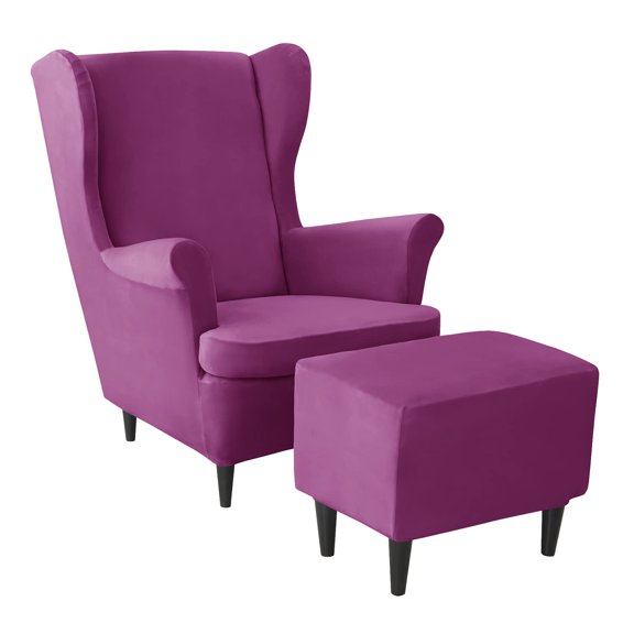 Velvet Stretch Wing Chair Cover Set, Wingback Chair Cover with Ottoman Cover 3 Piece Soft Wingback Chair Slipcover Removable Washable Ottoman Slipcover-Navy Blue-3 Pieces