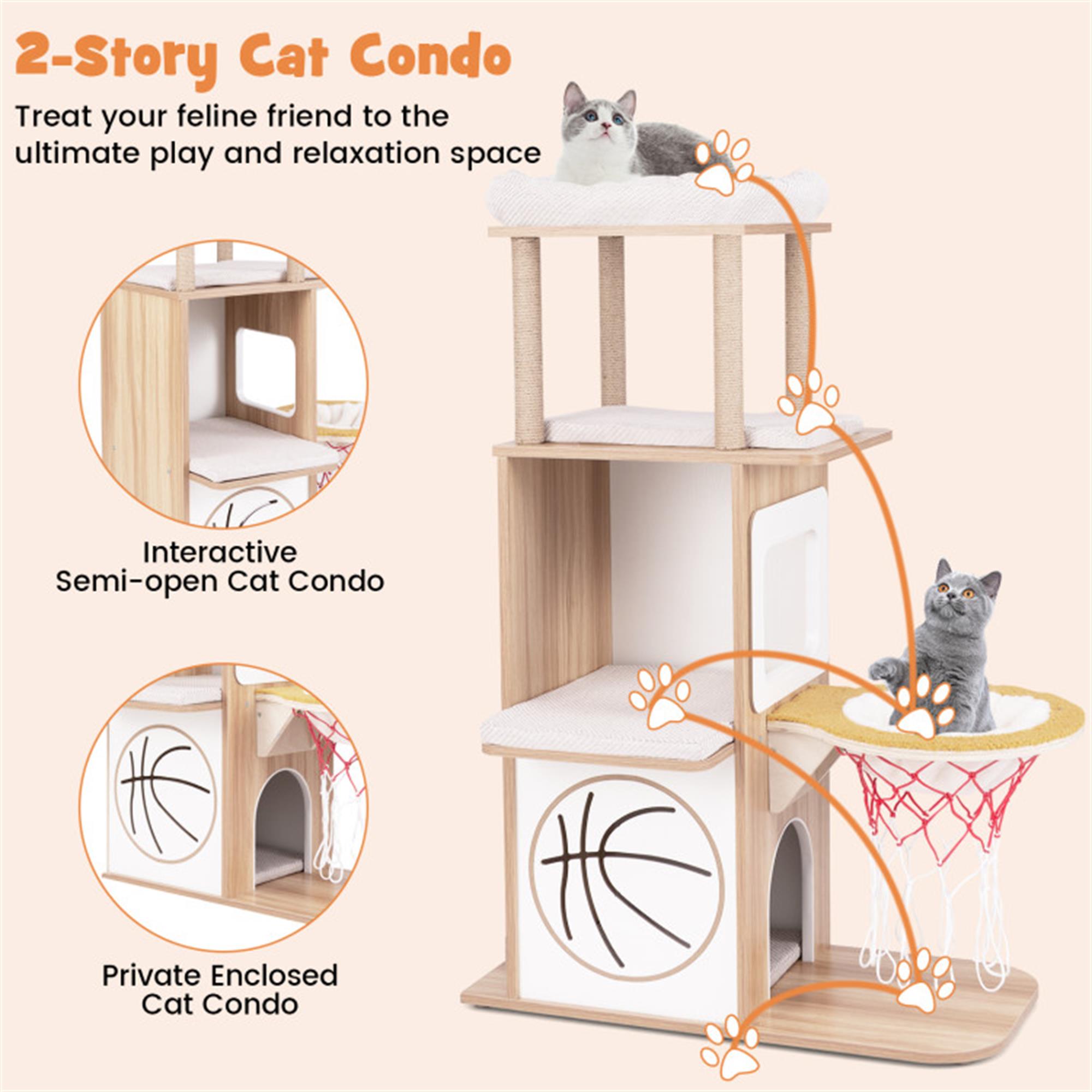 Kadyn 47" Modern Cat Tree Tower for Large Cat, Wood Cat Condo Heavy Duty with Scratch Post for Indoor Cats, Cat Tree House for Kittens, Beige
