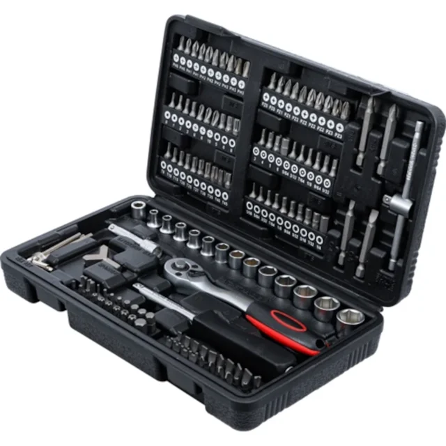 juego de herramienta y dados bgs 130 piezas 1/4' Maletín plástico abierto con 130 piezas organizadas en raíles: matraca reversible 6,3 mm (1/4"), mango giratorio 150 mm, mango corredizo, extensión 50 mm y adaptador con bola; 13 dados hexagonales 4–14 mm y surtido de puntas PH, PZ, planas, Torx, hex y especiales para múltiples aplicaciones, también adecuado como kit portátil para bricolaje.