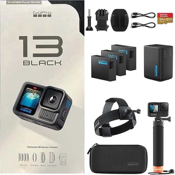 GoPro Hero 13 Action Camera Bundle, Black Waterproof Camera with 3 Batteries, 64GB Memory Card & Charger
