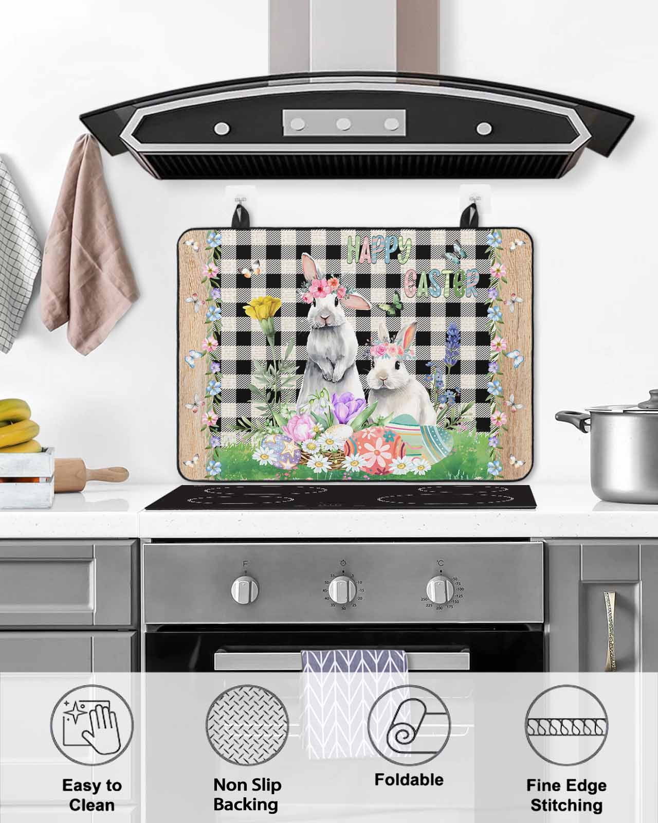 Large Induction Cooktop Protector Mat Easter Stove Top Covers for Electric Stove, Spring Rabbit Flowers Colorful Eggs Black Lattice Decorative Stove Burner Cover Mats, Glass Top Stove Cover