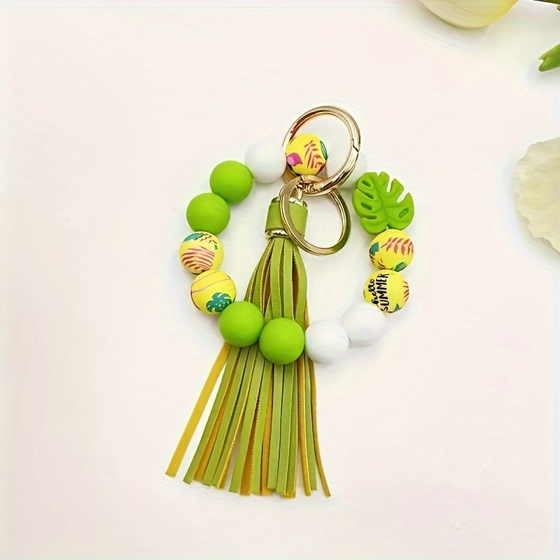 Silicone bead keychain with tassel and maple leaf pendant, stylish keychain bracelet, cool summer style, women's keychain,Grass green